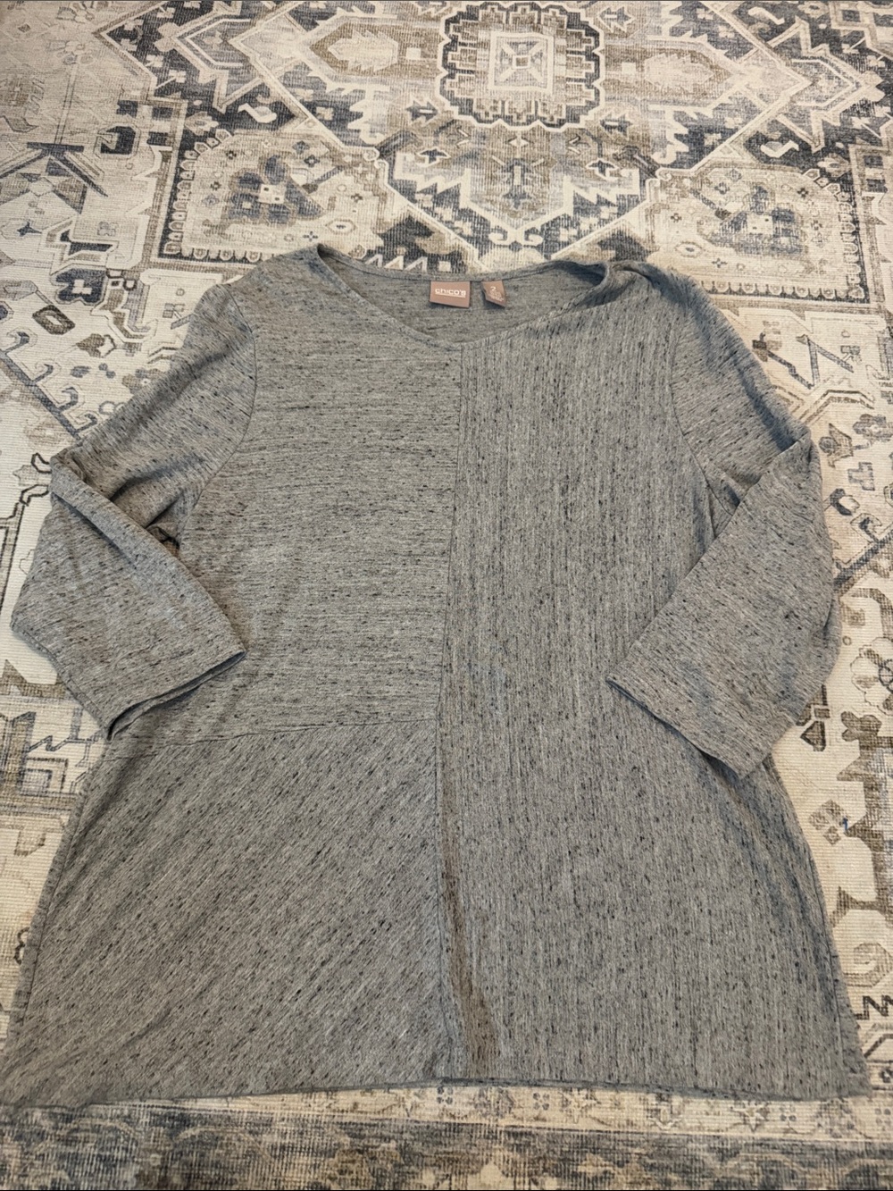 Chico’s Size 2 Gray Heathered Tunic Top 3/4 Sleeve Stretch
